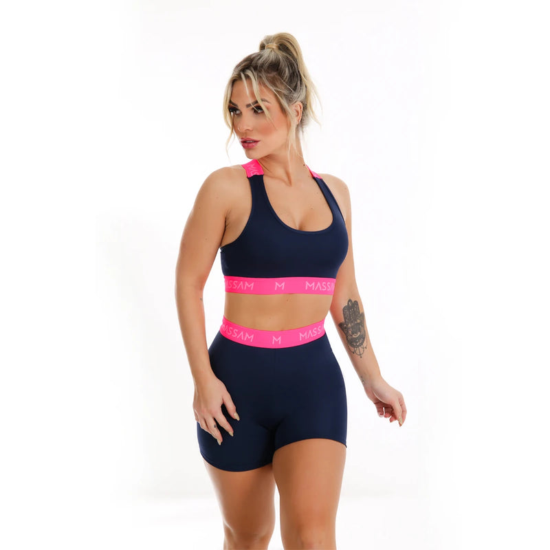 Conjunto Feminino Top Com Short Neon Rosa Marinho Massam Fitness