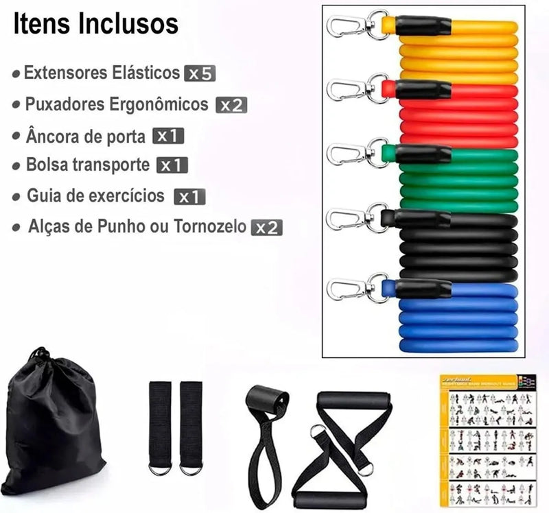 Kit extensor elástico completo com 11 itens, musculação funcional, portátil, prático, treino doméstico, exercício de alta resistência